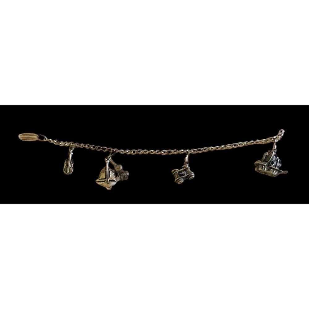 Antique Art Deco Metal Charm 7.￼25” Bracelet 5 Charms Ships Violin Binoculars - Picture 10 of 10